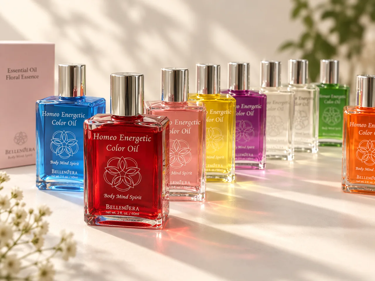 阳光下的彩色 Color Oil 玻璃瓶,红、蓝、粉、黄与紫色交错排列