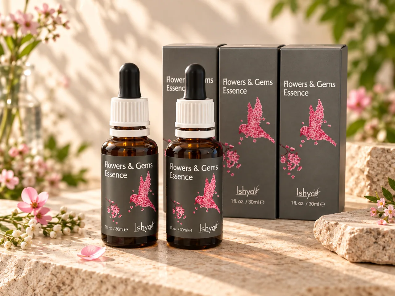 Flowers & Gems Essence 花精滴剂与灰色花朵包装